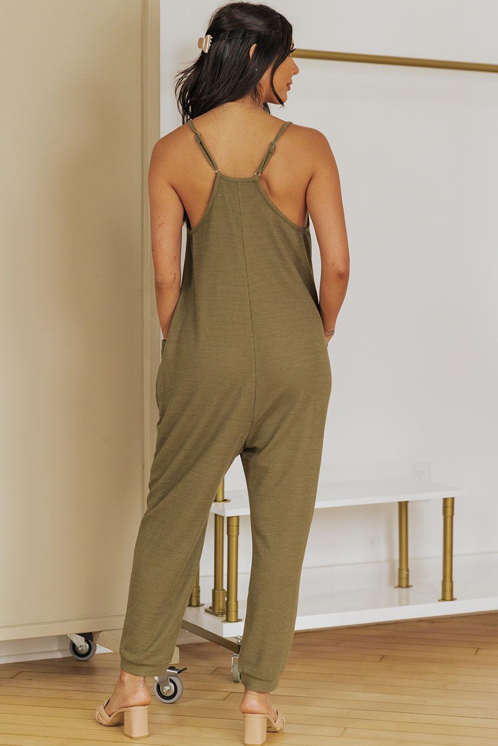 Get trendy with Spaghetti Strap Deep V Jumpsuit with Pockets - Jumpsuits available at Styles Code. Grab yours today!