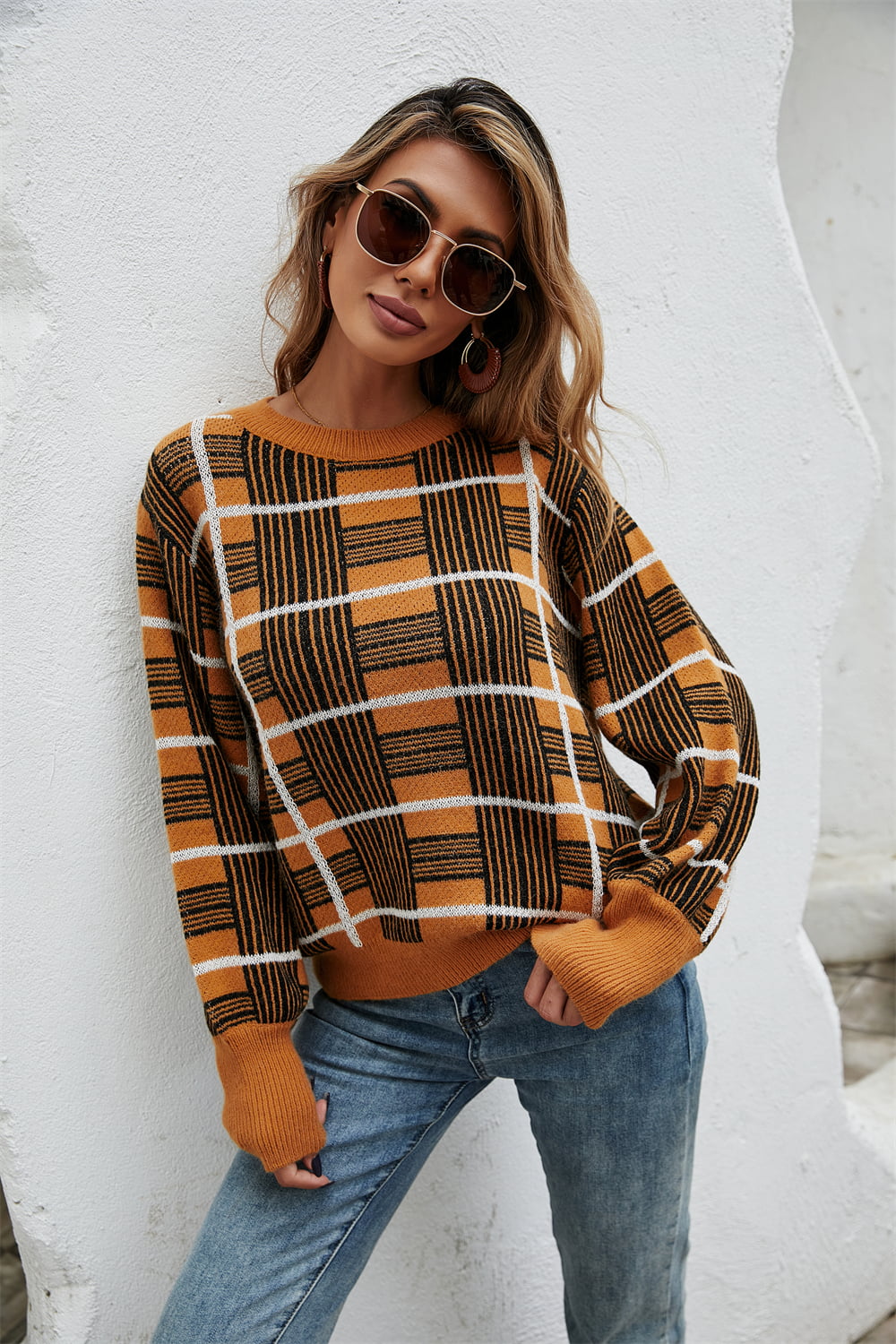 Get trendy with Printed Round Neck Dropped Shoulder Sweater - Sweater available at Styles Code. Grab yours today!