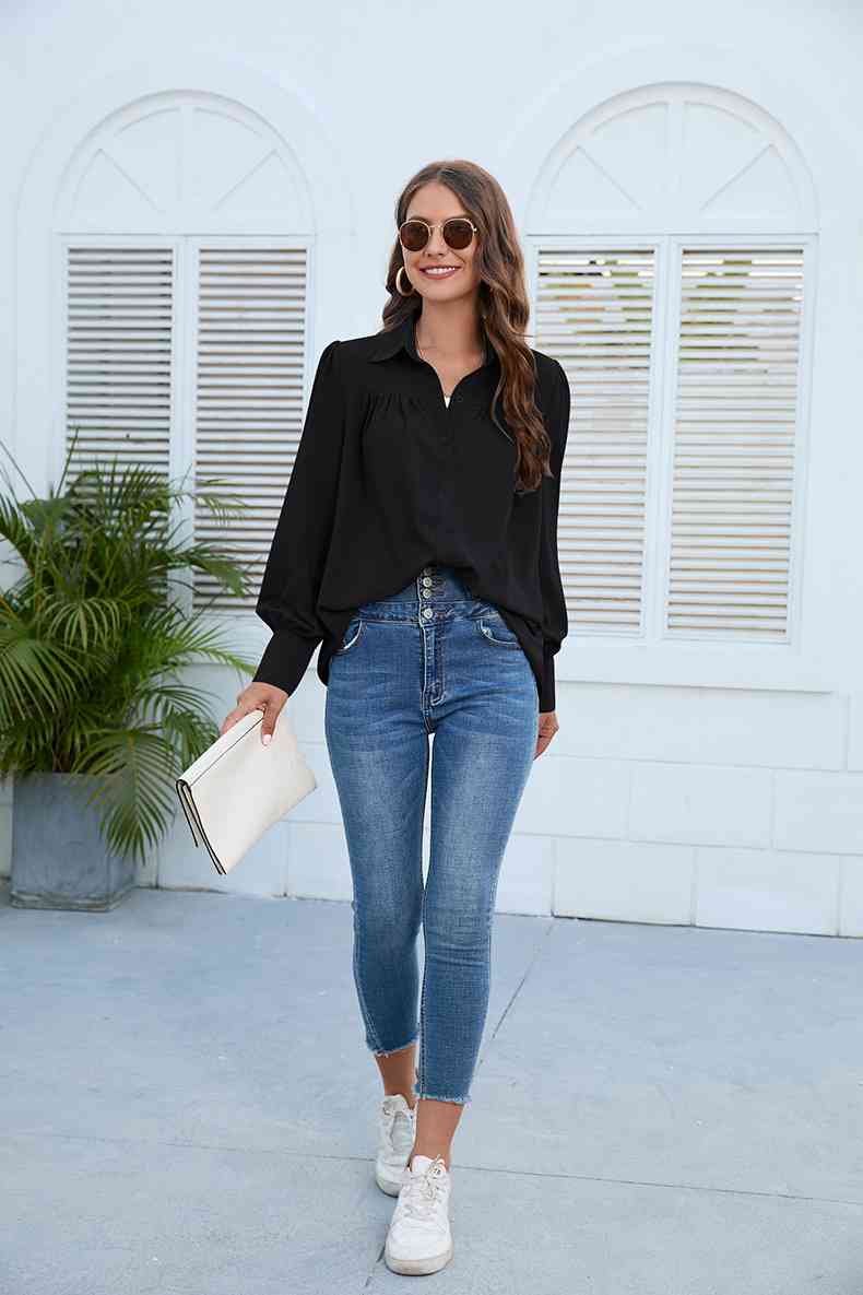 Get trendy with Puff Sleeve Collared Neck Shirt - Shirt available at Styles Code. Grab yours today!