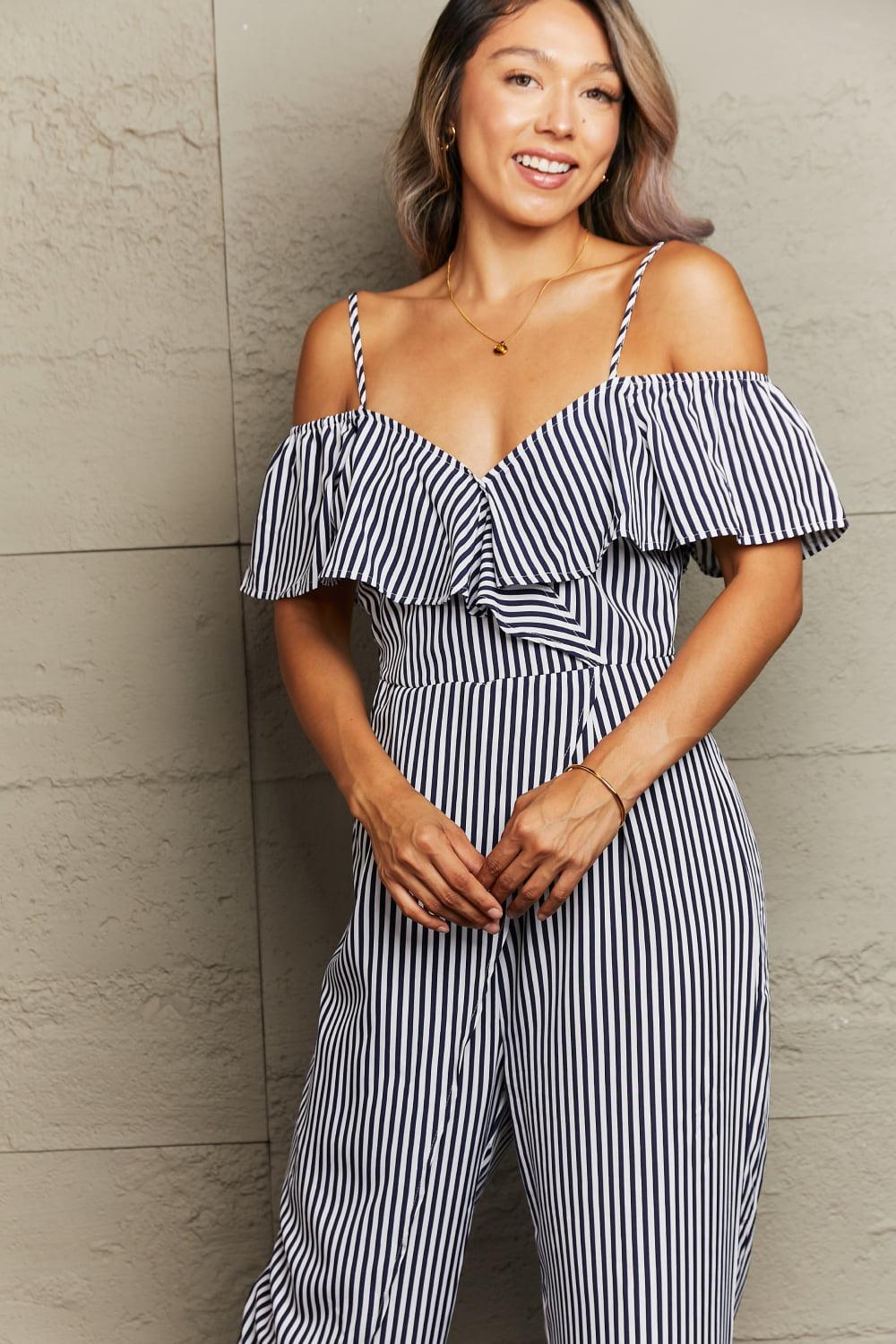 Get trendy with Striped Spaghetti Strap Cold-Shoulder Jumpsuit - Jumpsuits available at Styles Code. Grab yours today!