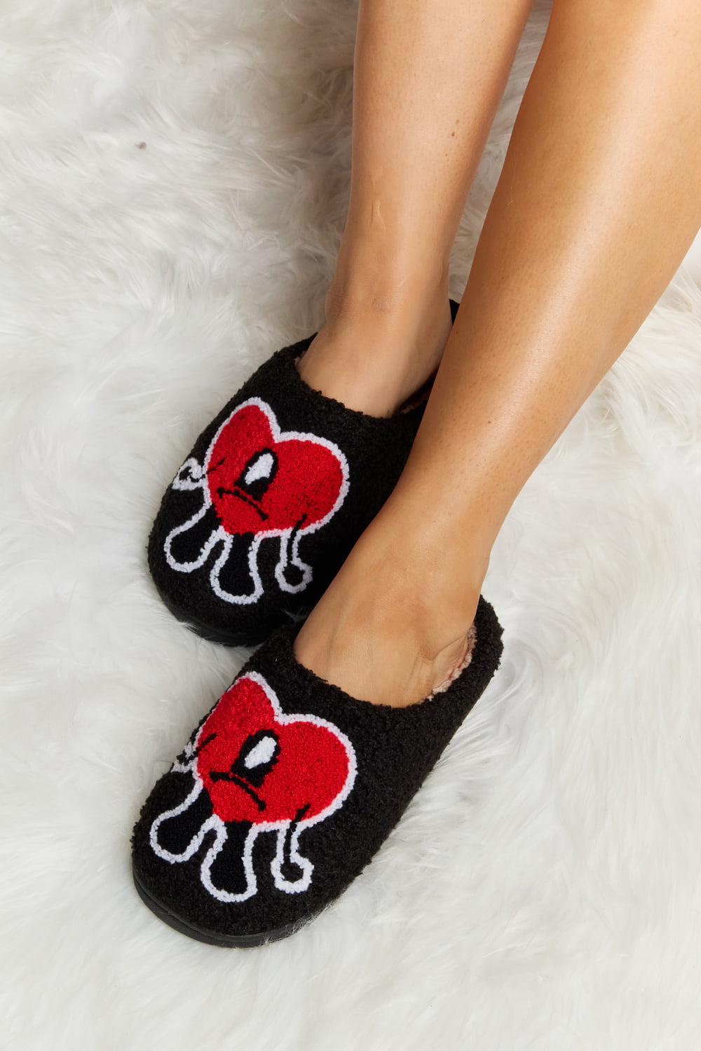 Get trendy with Melody Love Heart Print Plush Slippers - Shoes available at Styles Code. Grab yours today!