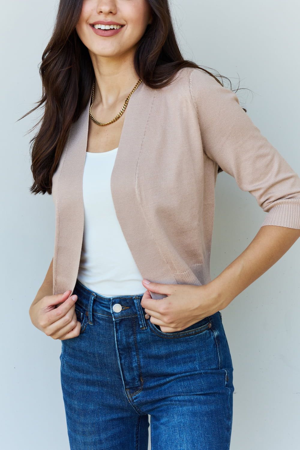 Get trendy with Doublju My Favorite Full Size 3/4 Sleeve Cropped Cardigan in Khaki -  available at Styles Code. Grab yours today!