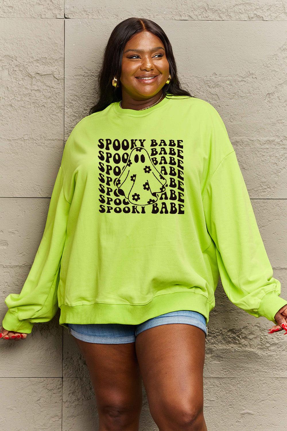 Get trendy with Simply Love Full Size SPOOKY BABE Graphic Sweatshirt - Halloween Clothes available at Styles Code. Grab yours today!