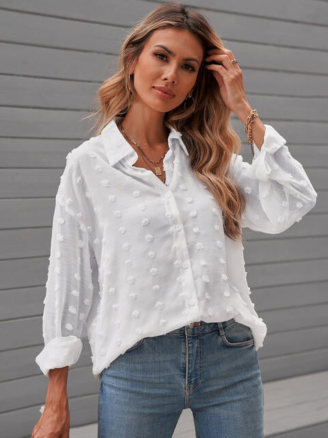 Get trendy with Swiss Dot Drop Shoulder Shirt - Shirt available at Styles Code. Grab yours today!