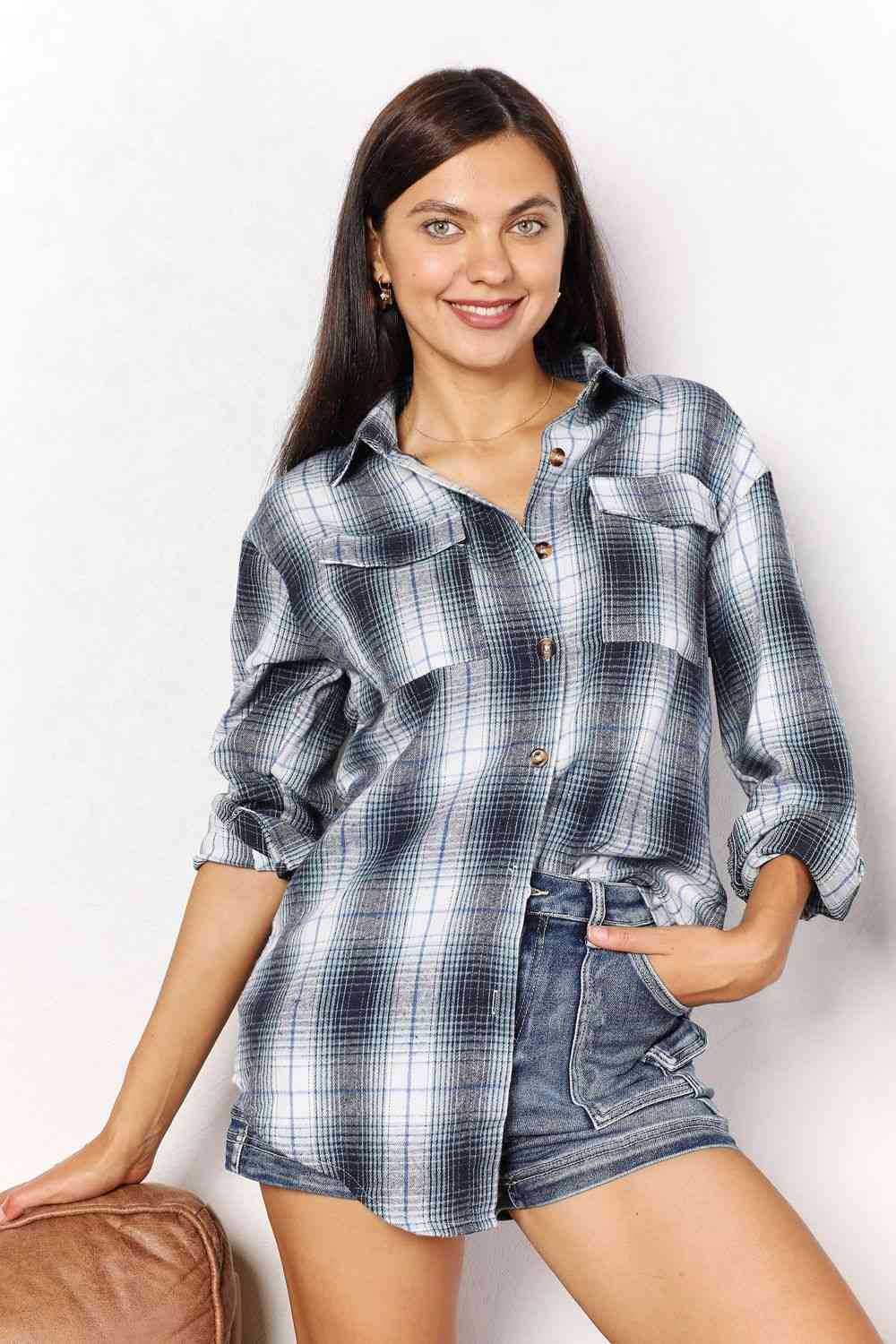 Get trendy with Double Take Plaid Dropped Shoulder Shirt - Shirt available at Styles Code. Grab yours today!