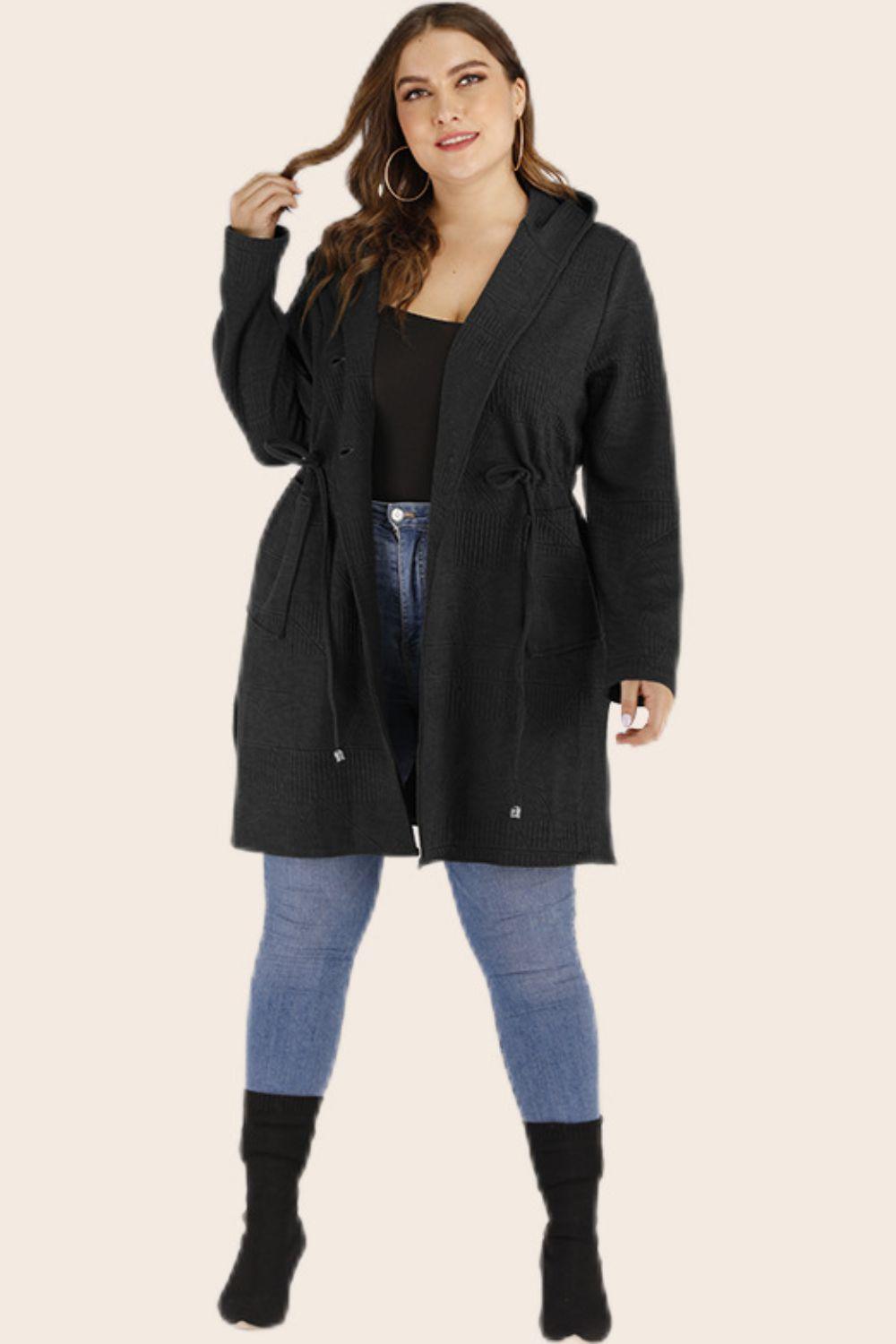 Get trendy with Plus Size Drawstring Waist Hooded Cardigan - Plus Size available at Styles Code. Grab yours today!