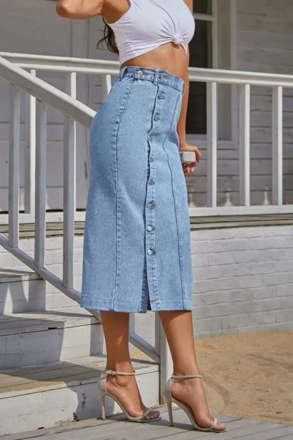 Get trendy with Buttoned Split Denim Skirt - Bottoms available at Styles Code. Grab yours today!