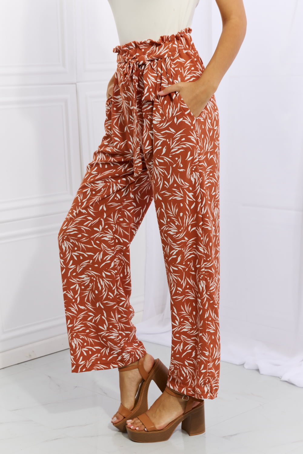 Get trendy with Heimish Right Angle Full Size Geometric Printed Pants in Red Orange - Luxe available at Styles Code. Grab yours today!