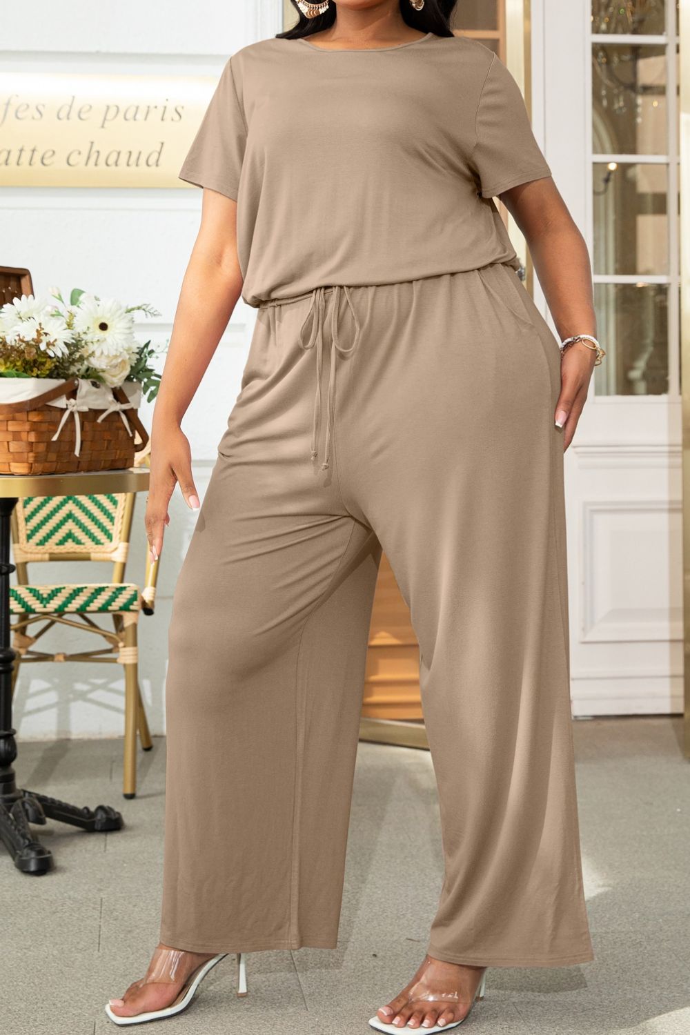 Get trendy with Plus Size Drawstring Waist Short Sleeve Jumpsuit - Plus size available at Styles Code. Grab yours today!