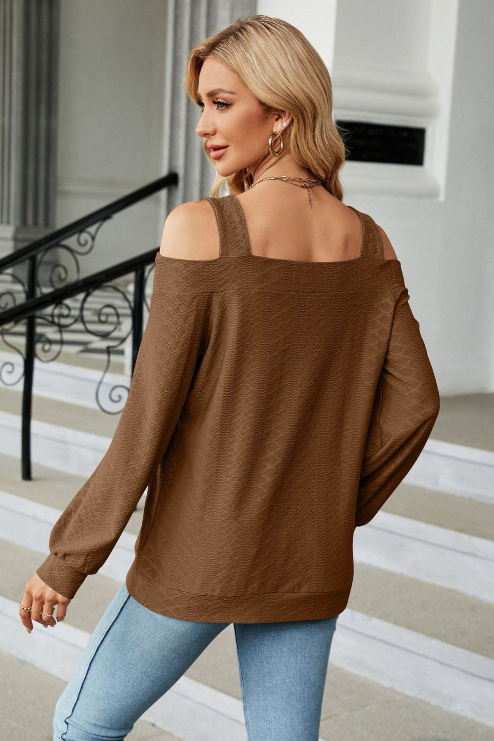 Get trendy with Cold Shoulder Square Neck Cutout Blouse - Tops available at Styles Code. Grab yours today!