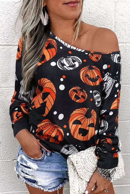 Get trendy with One Shoulder Jack-O'-Lantern Graphic Sweatshirt - Halloween Clothes available at Styles Code. Grab yours today!