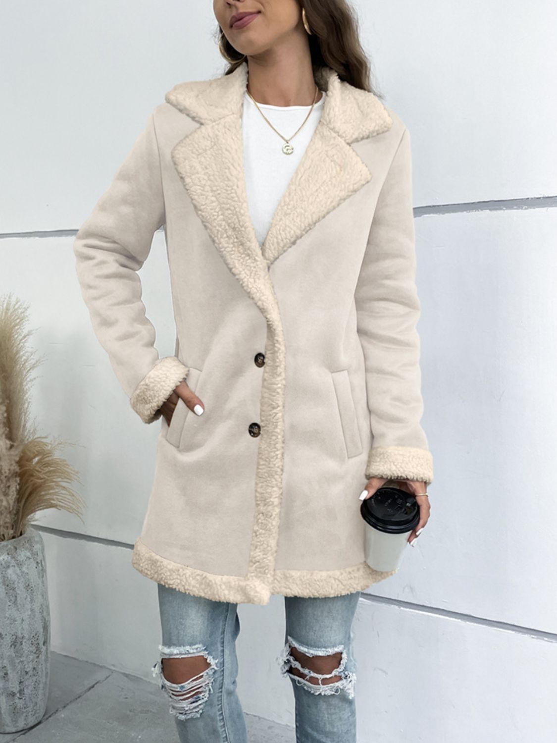 Get trendy with Double Take Lapel Collar Teddy Lining Longline Coat - Coats available at Styles Code. Grab yours today!