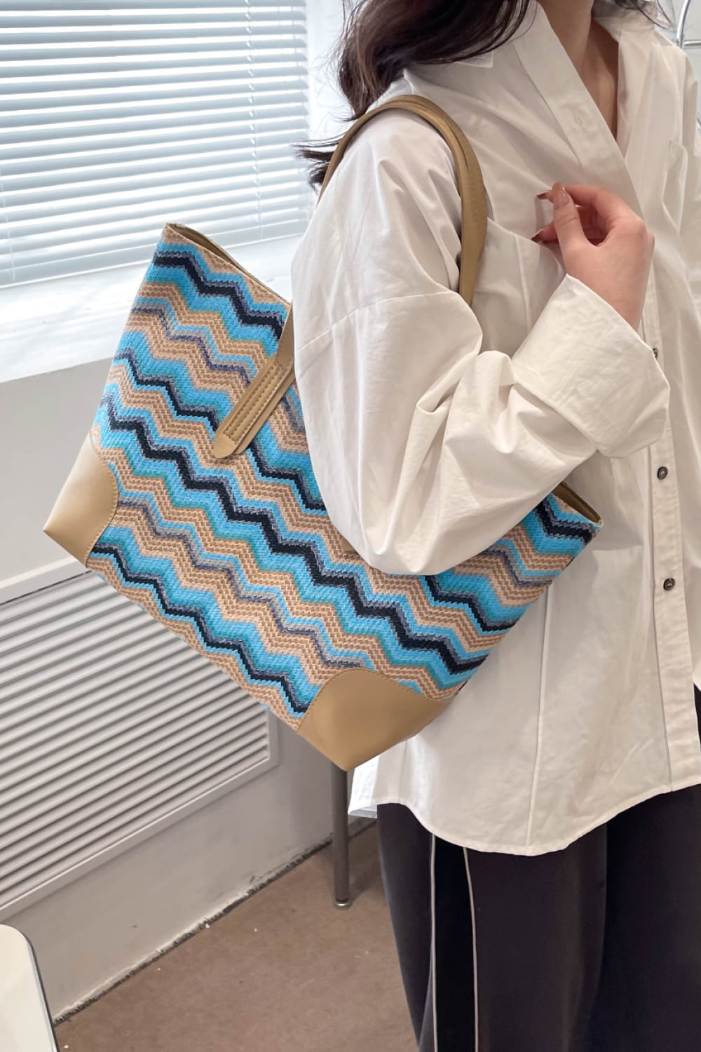 Get trendy with Chevron Straw Tote Bag - Bags available at Styles Code. Grab yours today!