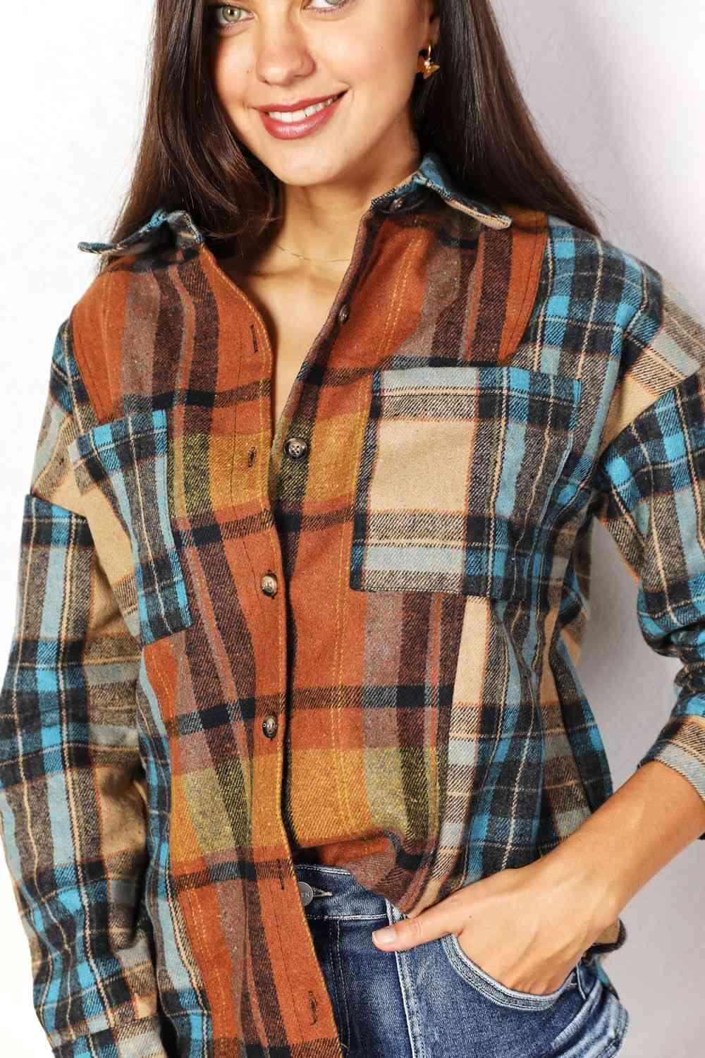 Get trendy with Plaid Curved Hem Shirt Jacket - Shirt available at Styles Code. Grab yours today!