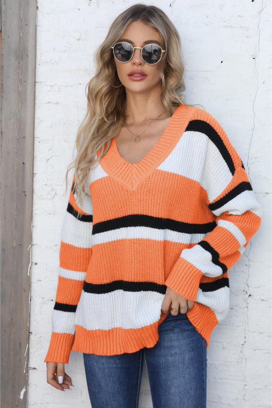 Get trendy with Color Block V-Neck Dropped Shoulder Sweater - Sweater available at Styles Code. Grab yours today!