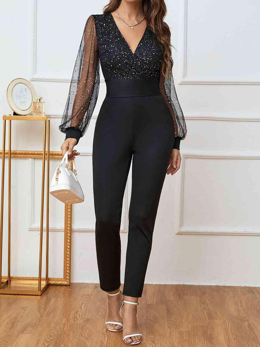 Get trendy with Plunge Long Sleeve Jumpsuit - Jumpsuits available at Styles Code. Grab yours today!