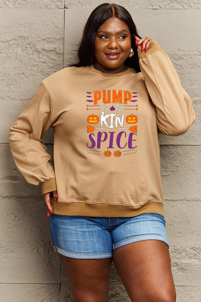 Get trendy with Simply Love Full Size PUMPKIN SPICE Graphic Sweatshirt - Halloween Clothes available at Styles Code. Grab yours today!