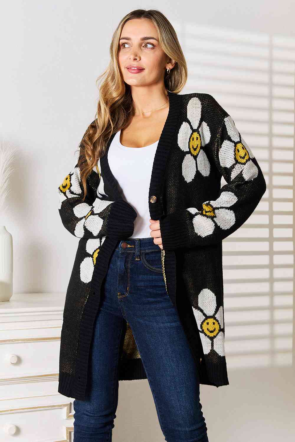 Get trendy with Double Take Floral Button Down Longline Cardigan - Cardigan available at Styles Code. Grab yours today!