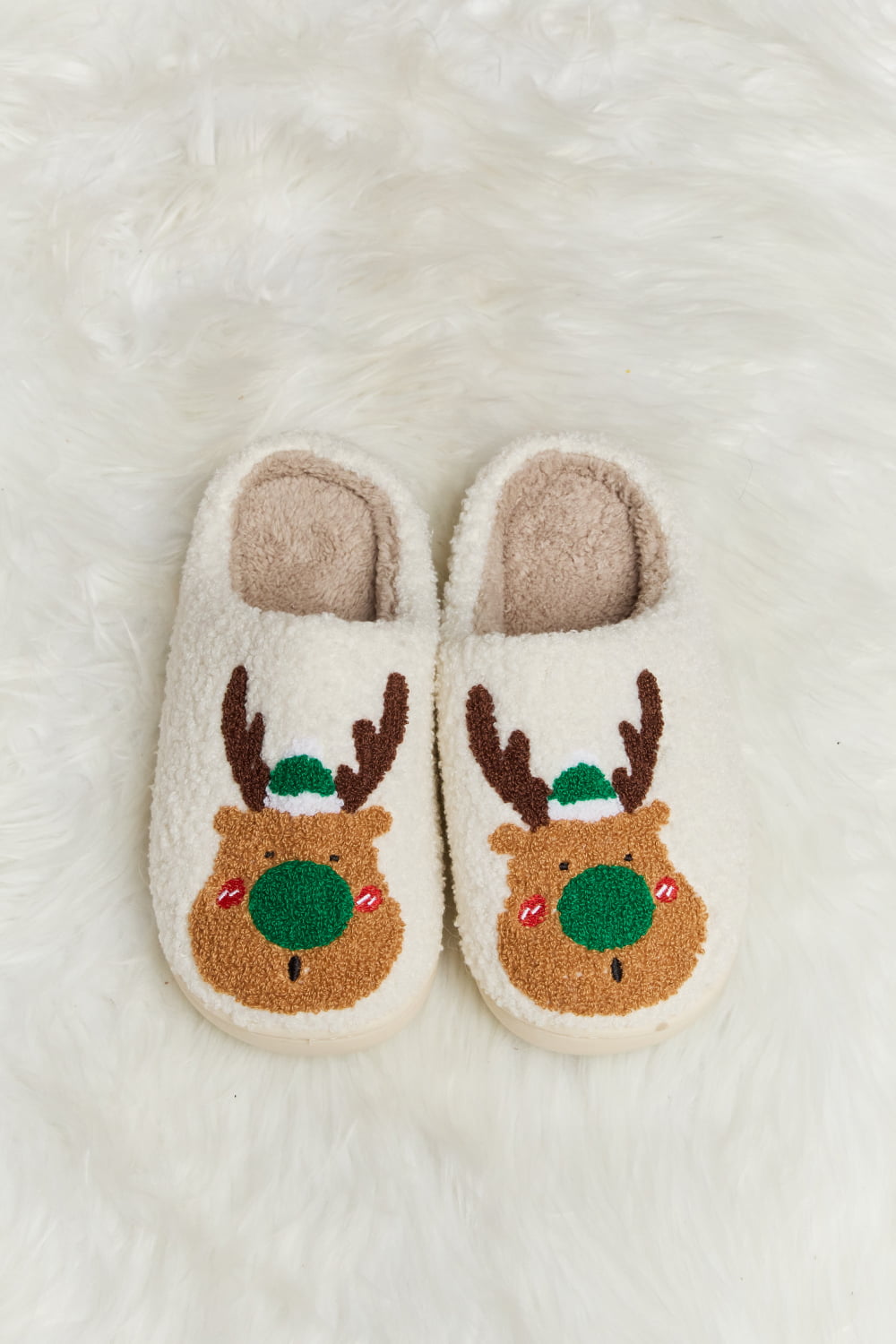 Get trendy with Melody Rudolph Print Plush Slide Slippers - Shoes available at Styles Code. Grab yours today!