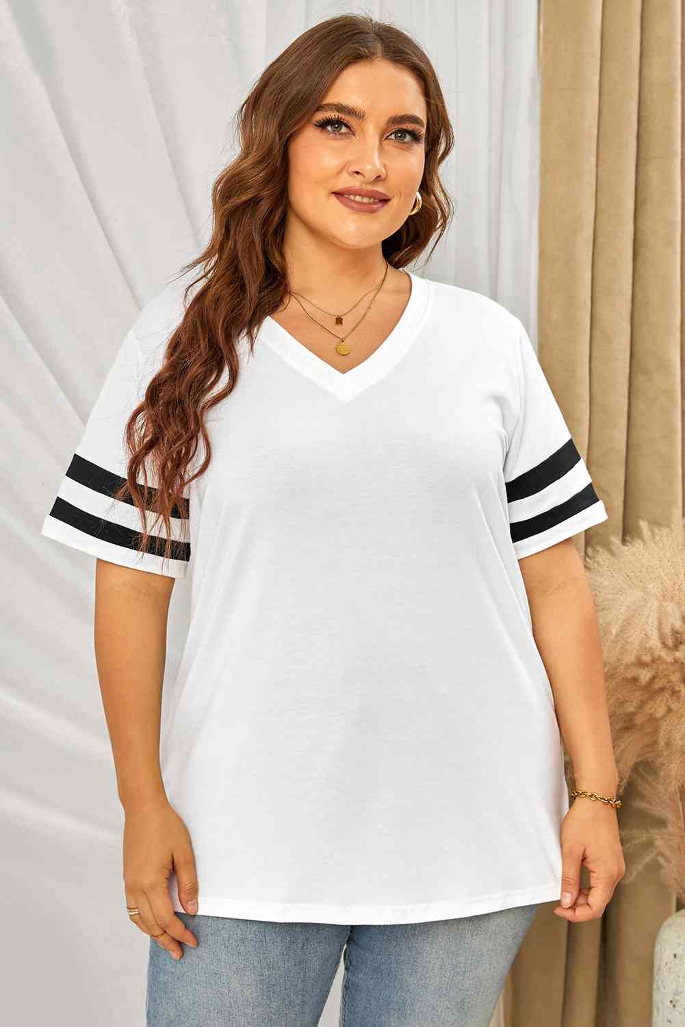 Get trendy with Plus Size Striped V-Neck Tee Shirt - T-Shirt available at Styles Code. Grab yours today!