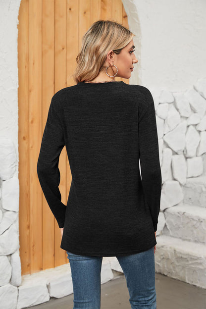 Get trendy with Notched Neck Long Sleeve T-Shirt - Tops available at Styles Code. Grab yours today!