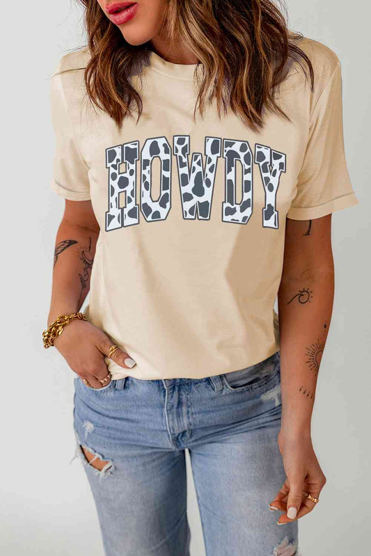 Get trendy with Round Neck Short Sleeve HOWDY Graphic Tee - T-Shirt available at Styles Code. Grab yours today!