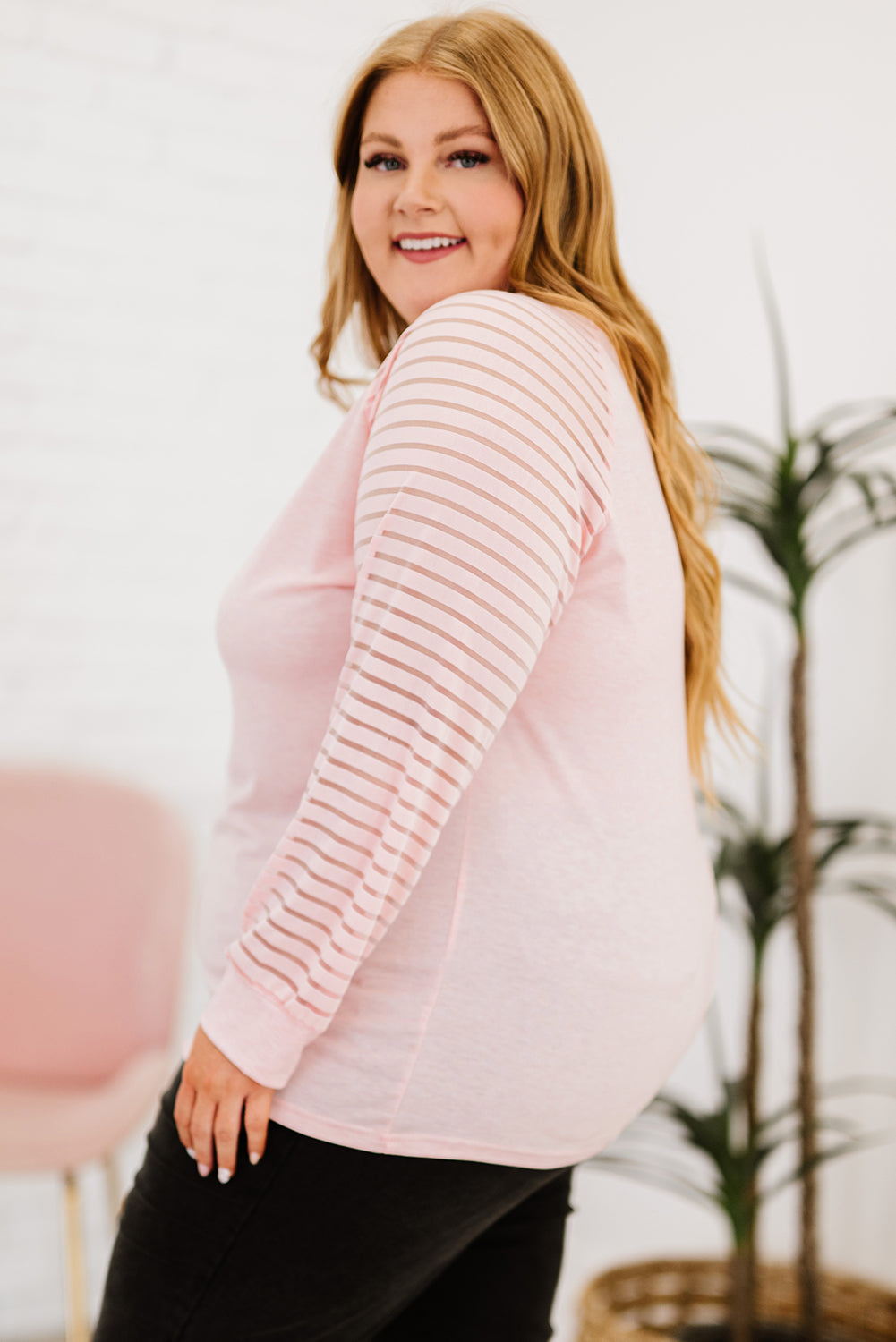 Get trendy with Plus Size Sheer Striped Sleeve V-Neck Top - Plus Size available at Styles Code. Grab yours today!