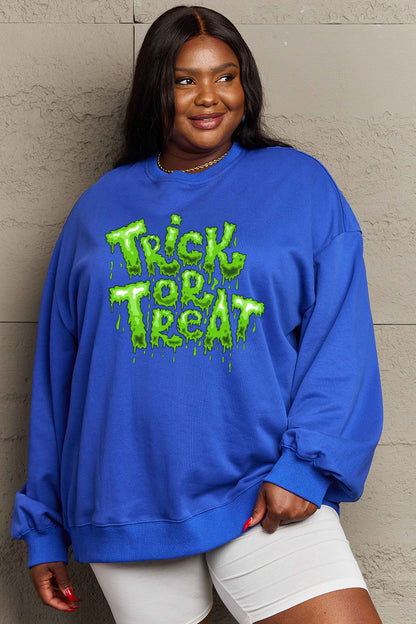 Get trendy with Simply Love Full Size TRICK OR TREAT Graphic Sweatshirt - Halloween Clothes available at Styles Code. Grab yours today!