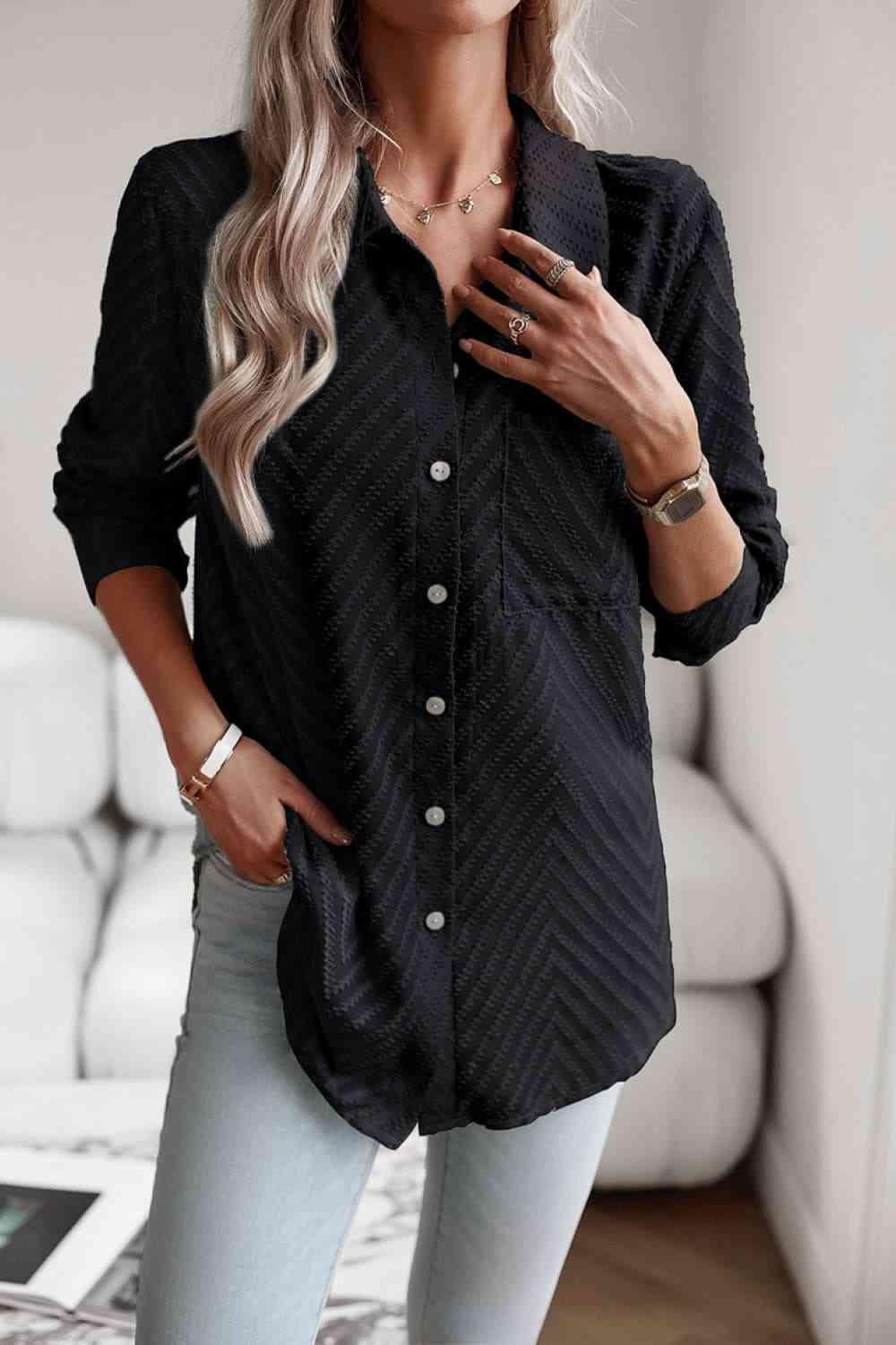 Get trendy with Collared Neck Long Sleeve Pocketed Shirt - Shirt available at Styles Code. Grab yours today!