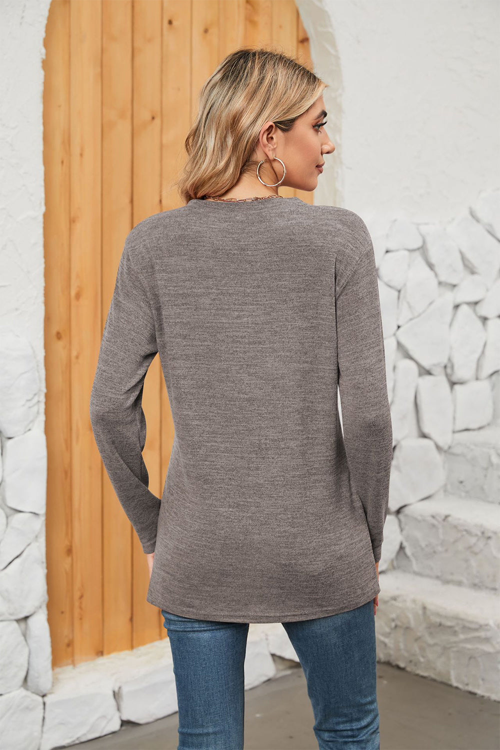 Get trendy with Notched Neck Long Sleeve T-Shirt - Tops available at Styles Code. Grab yours today!