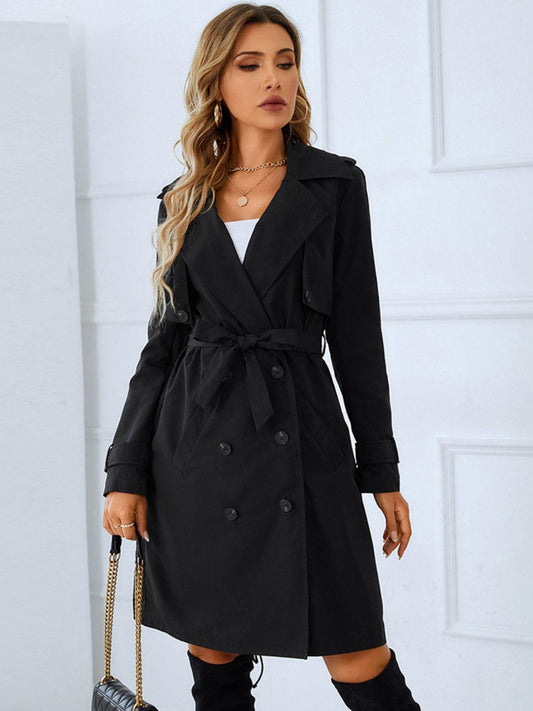 Get trendy with Lapel Collar Tie Belt Double-Breasted Trench Coat - Coats available at Styles Code. Grab yours today!