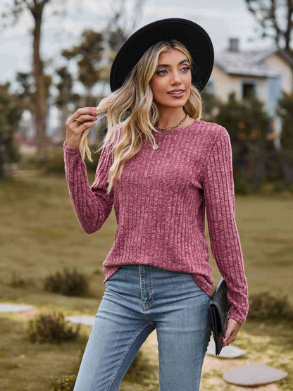 Get trendy with Ribbed Round Neck Long Sleeve Tee - T-Shirt available at Styles Code. Grab yours today!