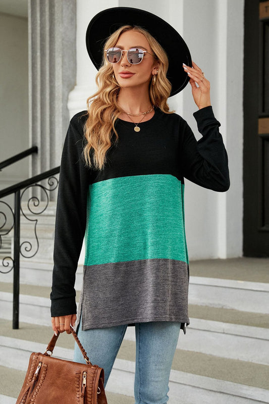 Get trendy with Color Block Round Neck Long Sleeve Slit T-Shirt - Tops available at Styles Code. Grab yours today!