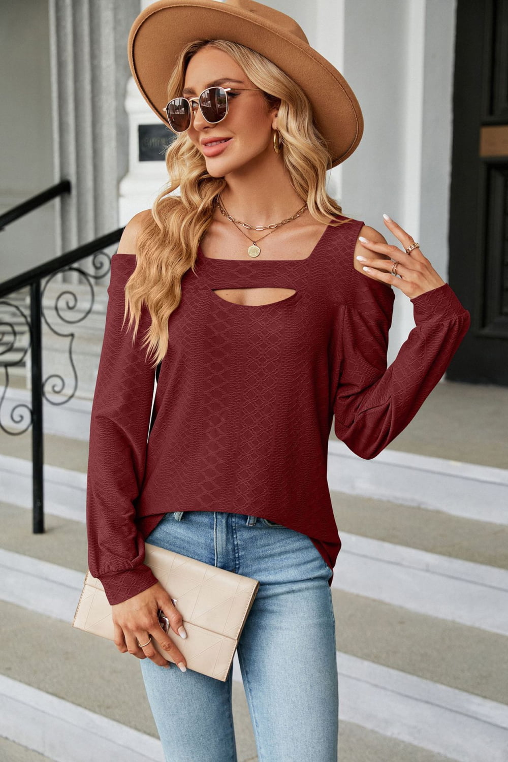 Get trendy with Cold Shoulder Square Neck Cutout Blouse - Tops available at Styles Code. Grab yours today!