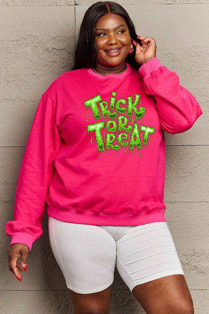 Get trendy with Simply Love Full Size TRICK OR TREAT Graphic Sweatshirt - Halloween Clothes available at Styles Code. Grab yours today!