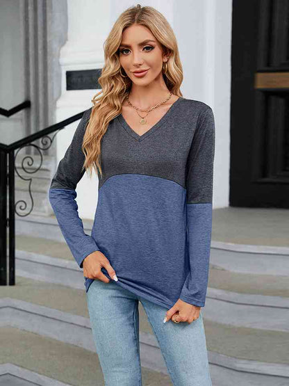 Get trendy with V-Neck Long Sleeve Two-Tone T-Shirt - T-Shirt available at Styles Code. Grab yours today!