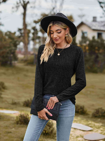 Get trendy with Ribbed Round Neck Long Sleeve Tee - T-Shirt available at Styles Code. Grab yours today!