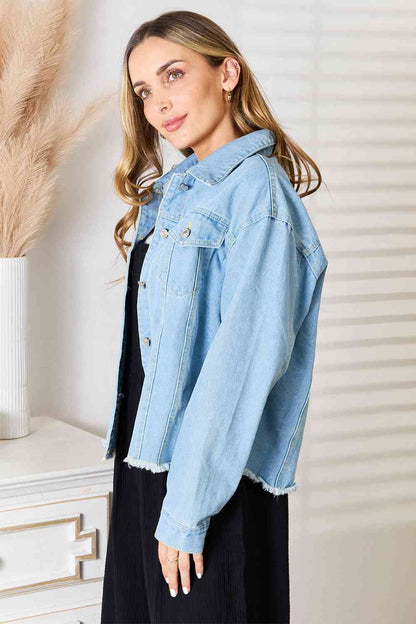 Get trendy with Double Take Dropped Shoulder Raw Hem Denim Jacket - Jacket available at Styles Code. Grab yours today!