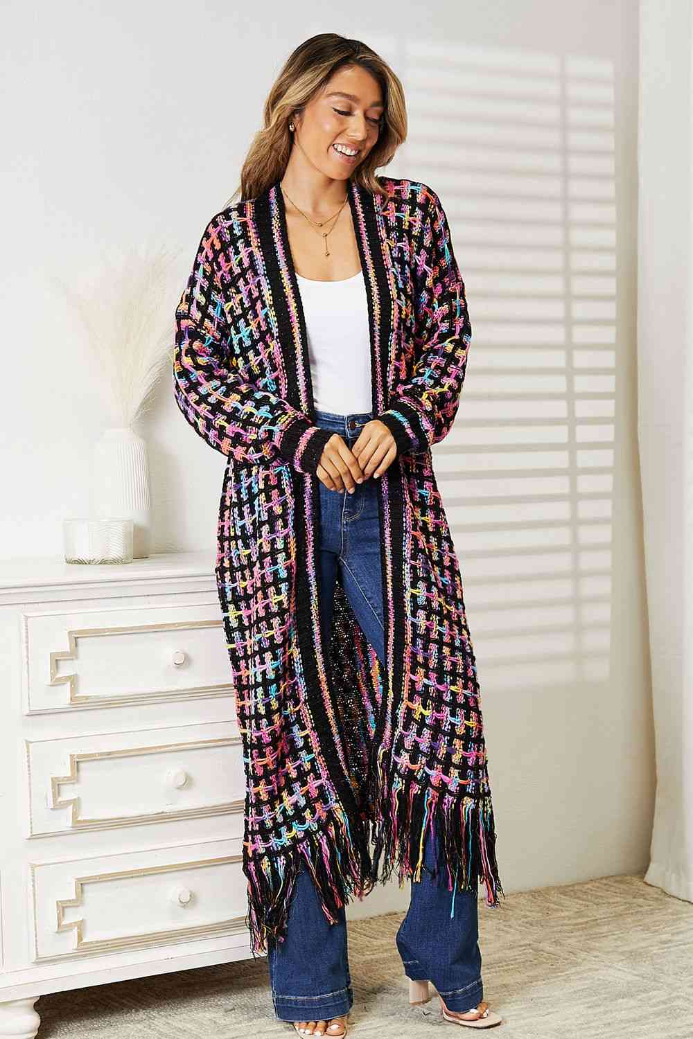 Get trendy with Double Take Full Size Multicolored Open Front Fringe Hem Cardigan - Cardigan available at Styles Code. Grab yours today!