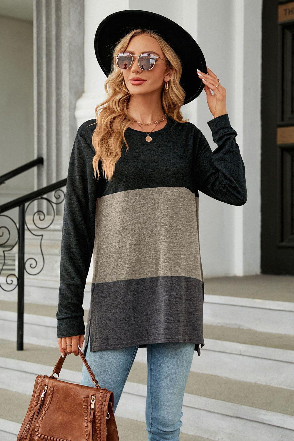 Get trendy with Color Block Round Neck Long Sleeve Slit T-Shirt - Tops available at Styles Code. Grab yours today!