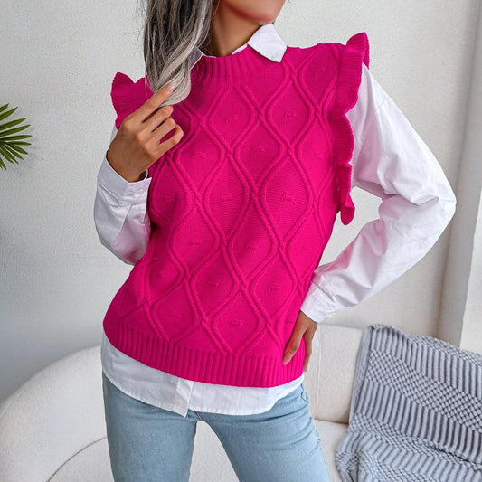 Get trendy with Ruffle Shoulder Ribbed Trim Sweater Vest - Vests available at Styles Code. Grab yours today!