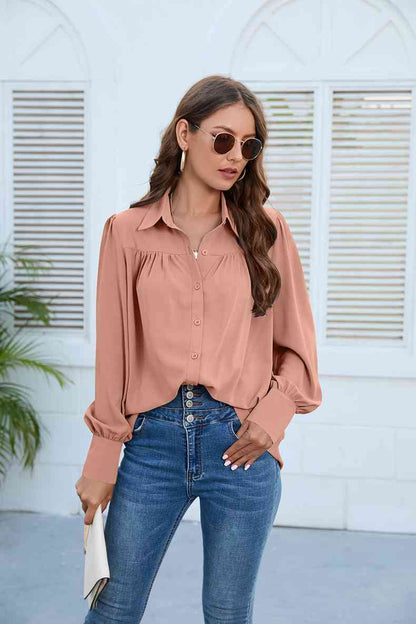 Get trendy with Puff Sleeve Collared Neck Shirt - Shirt available at Styles Code. Grab yours today!