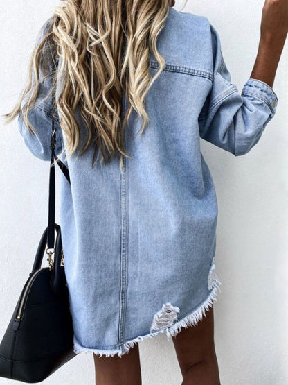 Get trendy with Raw Hem Collared Neck Long Sleeve Denim Jacket - Jackets available at Styles Code. Grab yours today!