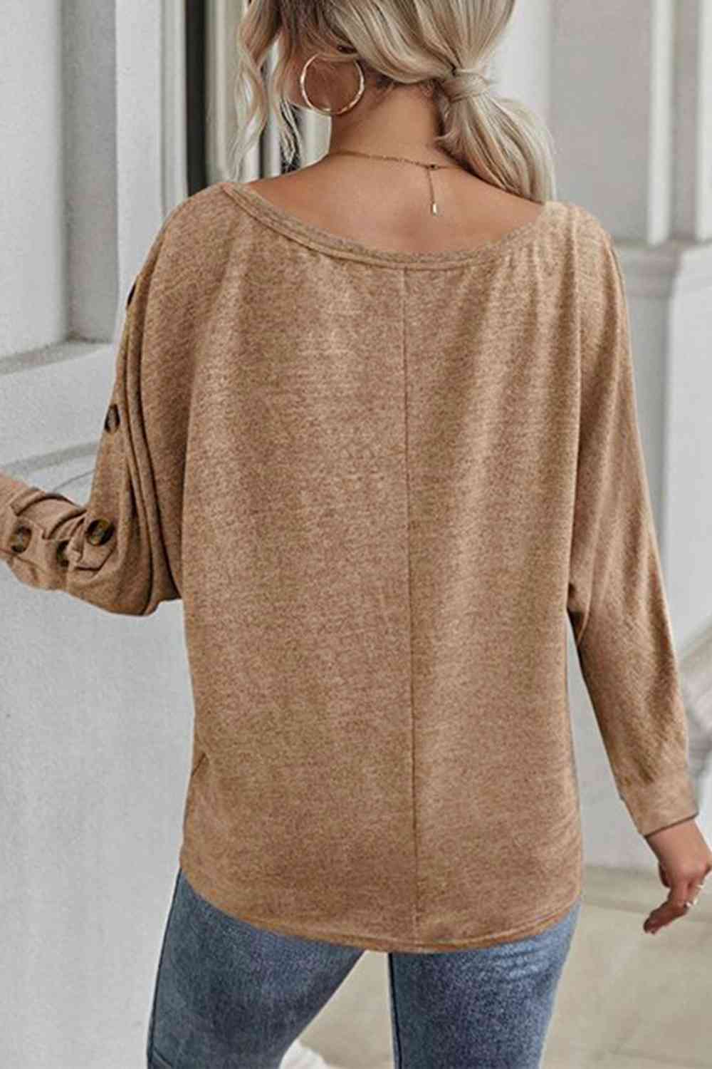 Get trendy with Boat Neck Buttoned Long Sleeve T-Shirt - T-Shirt available at Styles Code. Grab yours today!