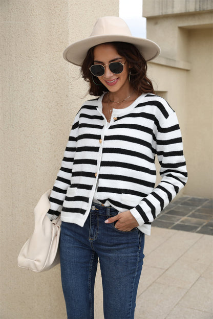 Get trendy with Striped Round Neck Button-Down Dropped Shoulder Cardigan - Cardigans available at Styles Code. Grab yours today!