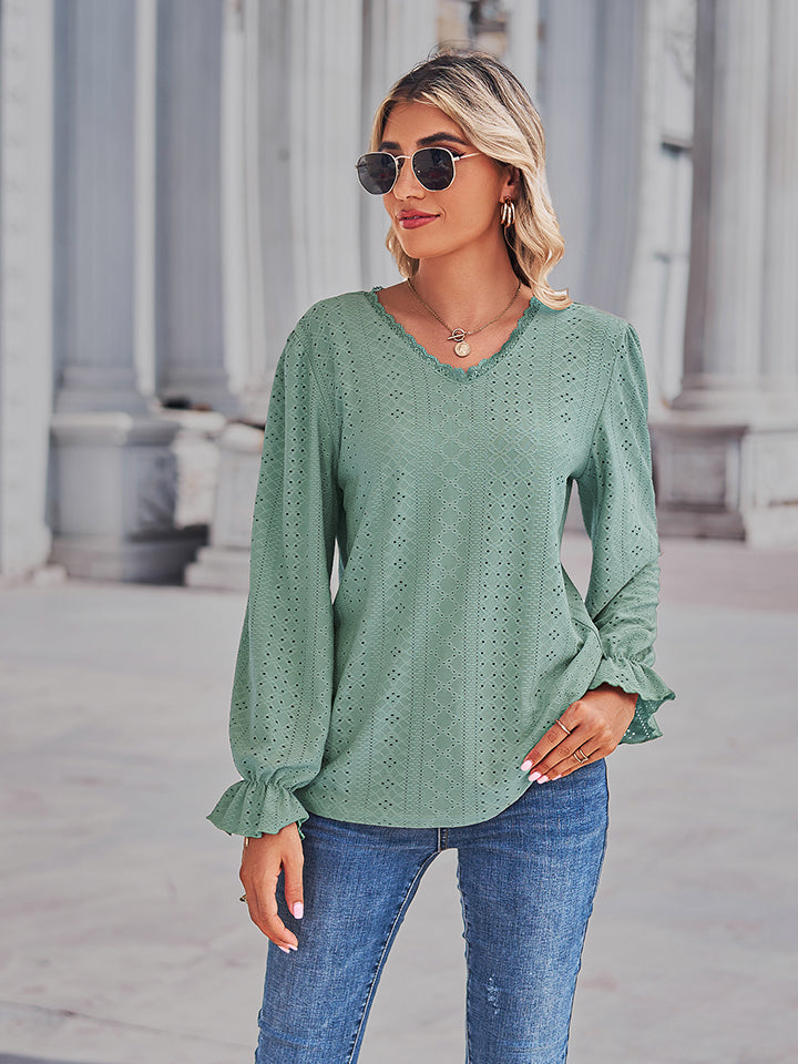 Get trendy with Eyelet V-Neck Flounce Sleeve Blouse - Tops available at Styles Code. Grab yours today!