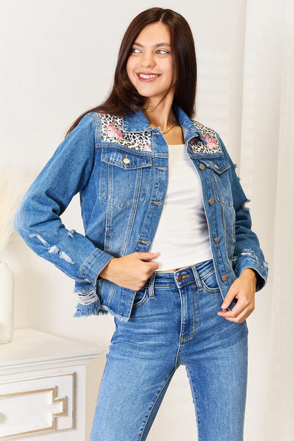 Get trendy with Leopard Floral Distressed Denim Jacket - Denim Jacket available at Styles Code. Grab yours today!