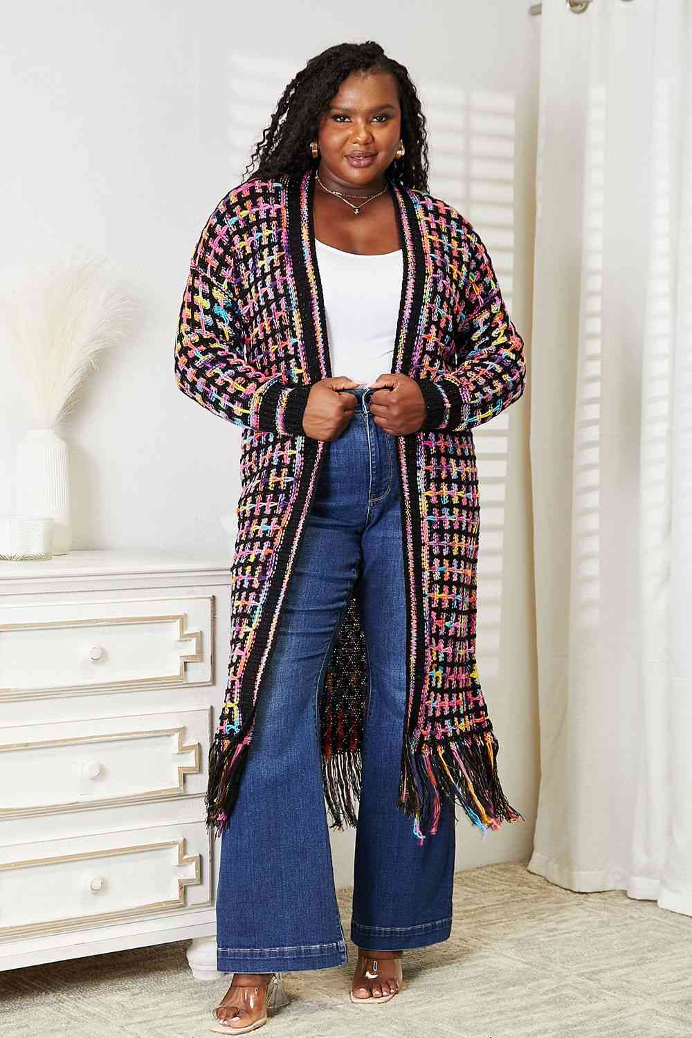 Get trendy with Double Take Full Size Multicolored Open Front Fringe Hem Cardigan - Cardigan available at Styles Code. Grab yours today!