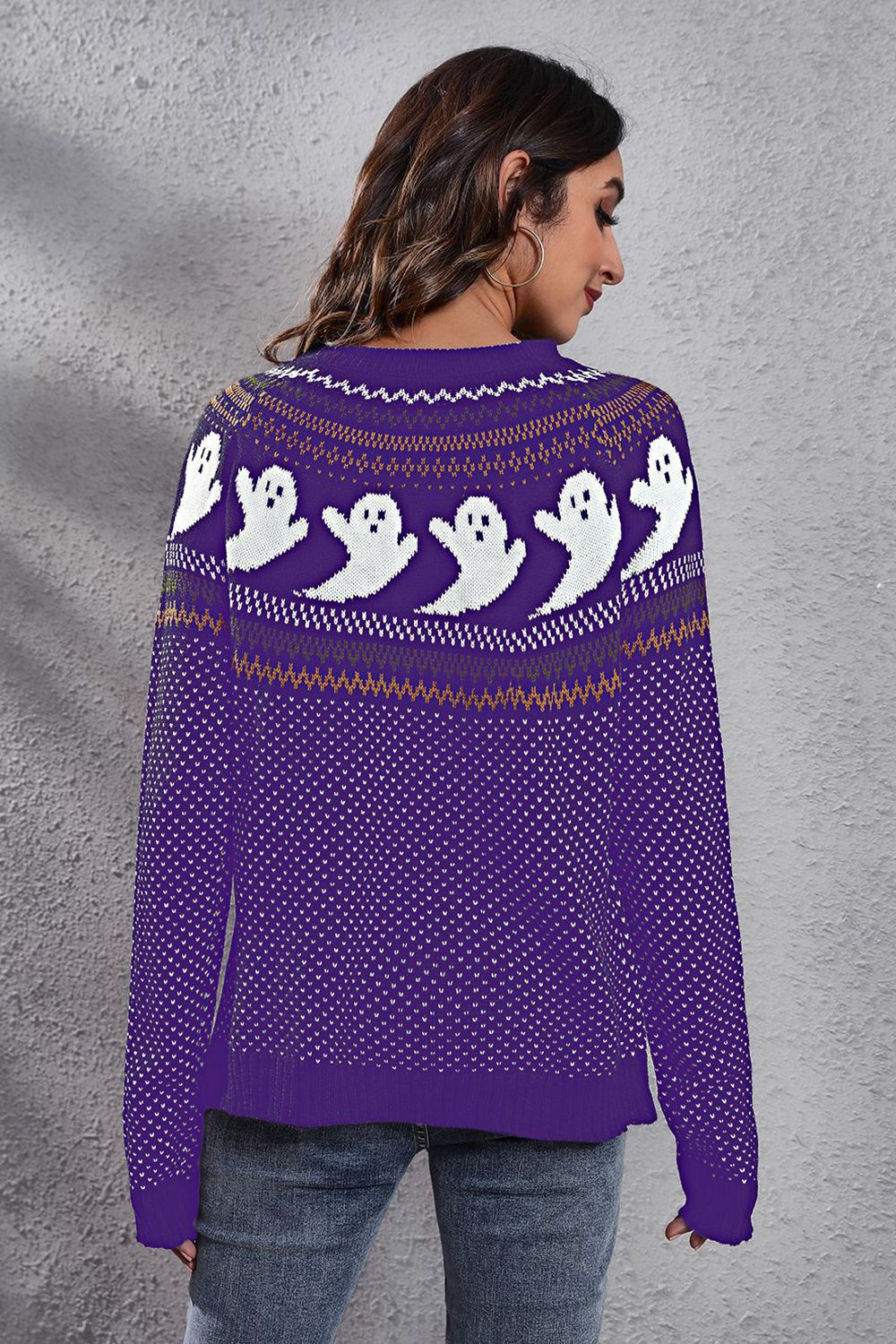 Get trendy with Ghost Pattern Round Neck Long Sleeve Sweater - Halloween Clothes available at Styles Code. Grab yours today!