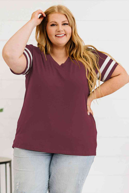 Get trendy with Plus Size Striped V-Neck Tee Shirt - T-Shirt available at Styles Code. Grab yours today!